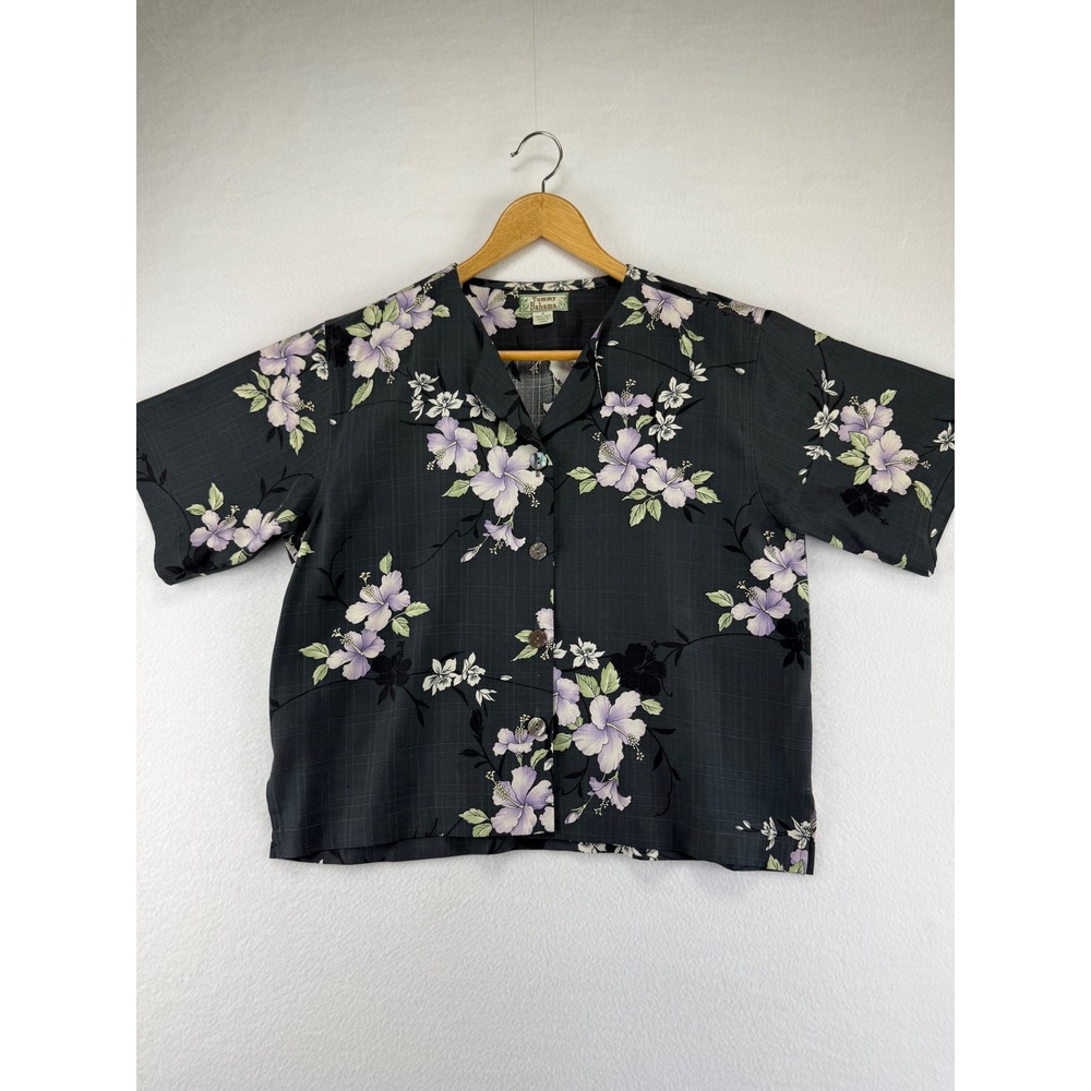 Tommy Bahama Shirt Womens Small Silk Tropical Hibiscus Floral Camp Button UpGrey